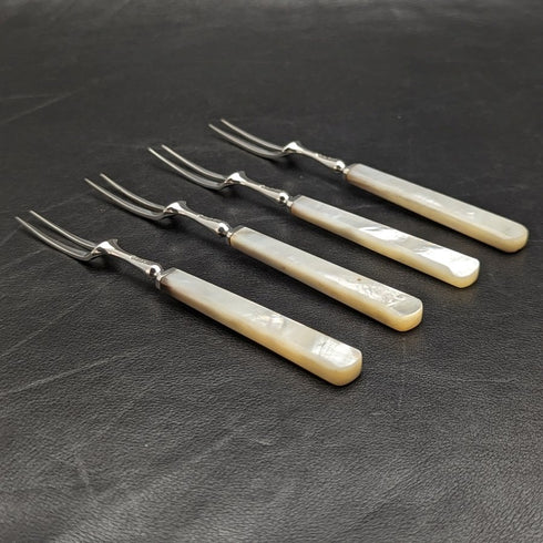 1925 British Vintage White Pearl Shell Handle Sterling Silver Blade Dessert Cutlery 4x2 Set